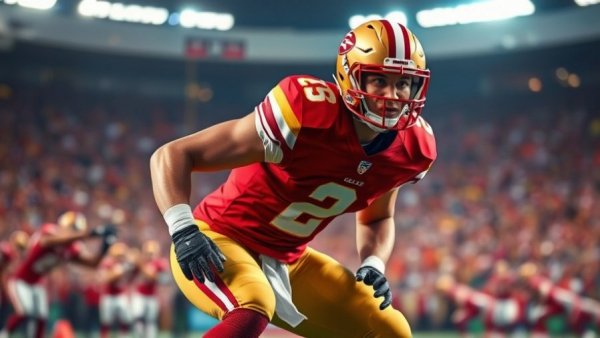 San Francisco 49ers player at training camp in action shot.