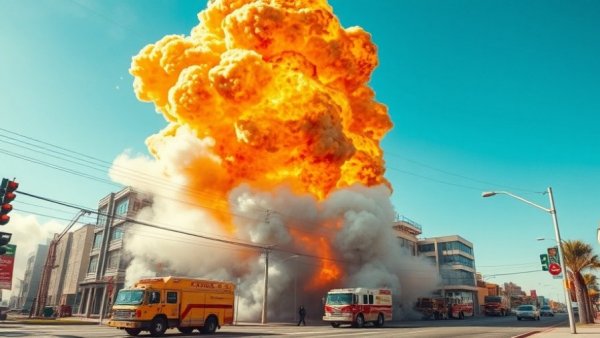 Hayward gas explosion scene with flames and smoke, emergency vehicles present.