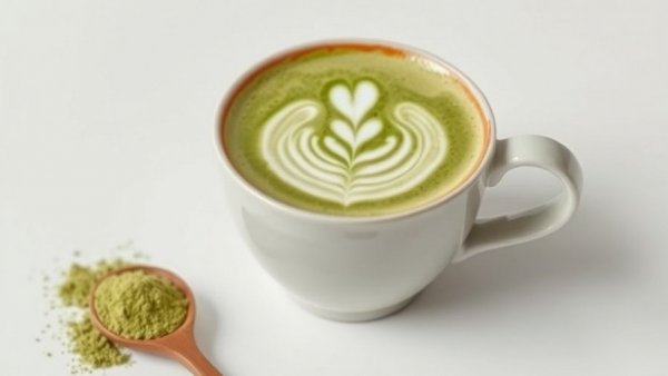 Homemade matcha latte with intricate latte art in a white cup.