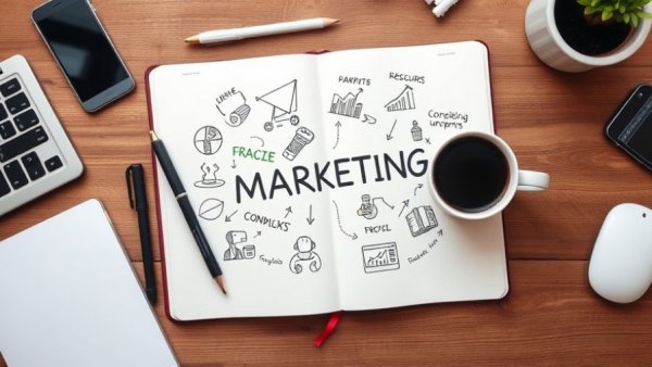 Notebook with marketing concepts surrounded by digital devices on a desk.