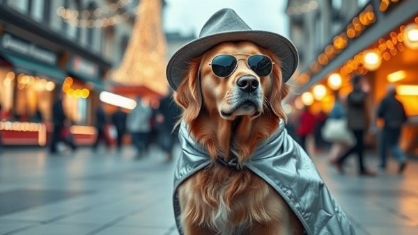 Golden retriever in festive outfit in Bay Area plaza by evening lights.