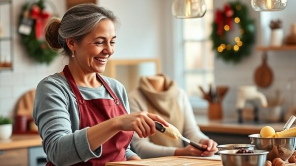Zoha Malik on Next Level Baker demonstrating a recipe step in a festive kitchen.
