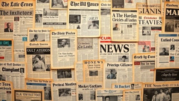 Vintage newspaper collage with bold headlines, typography diversity.