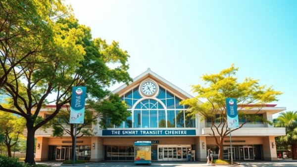Sunlit transit center with SMRT banners, lush greenery, blue sky
