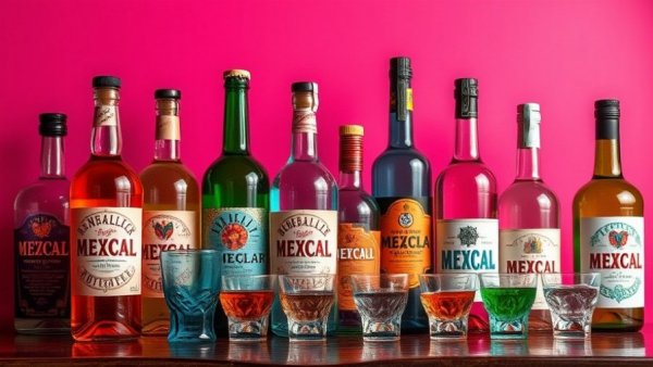Colorful mezcal bottles and cups for Mezcal Tasting in San Francisco.