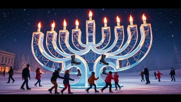 Chanukah on Ice event poster with ice menorah and skating families.