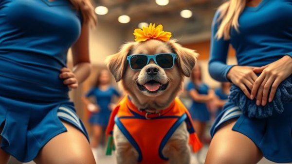 Therapy dog with cheerleaders in San Francisco event.