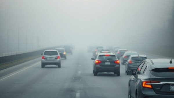 Dense fog on Livermore highway causing traffic jam and potential accidents.