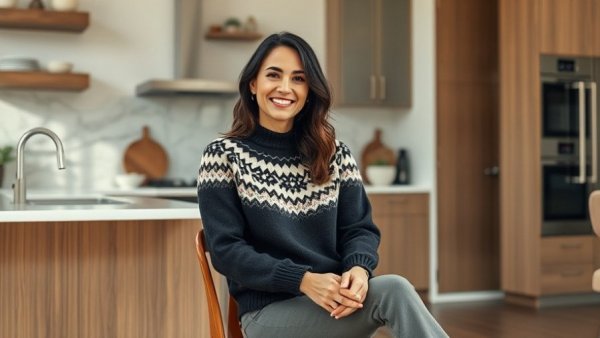 Woman in Fair Isle sweater for winter sitting in modern kitchen.
