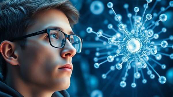 Young man exploring digital molecular model, 2026 science innovations.