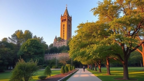 Sather Tower at UC Berkeley in daylight surrounded by trees.