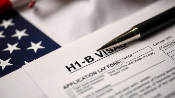 H-1B visa application form with a pen on the American flag.