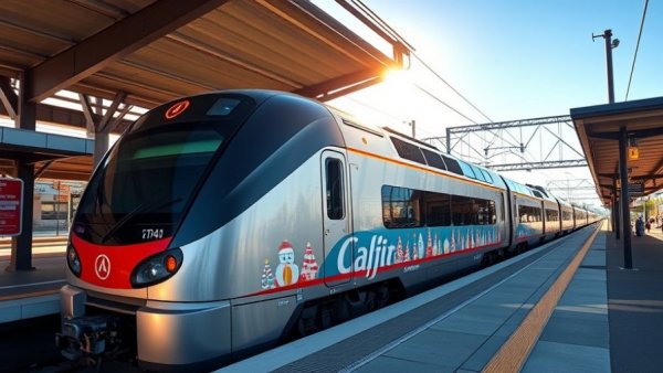 Caltrain Electrified Holiday Train festively decorated at the station.