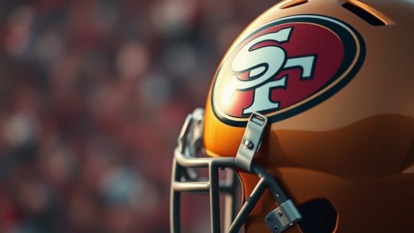 49ers football helmet close-up, team logo prominent.