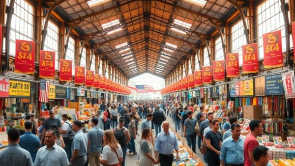 2026 White Elephant Sale Clearance Weekend with bustling crowd in a large warehouse.