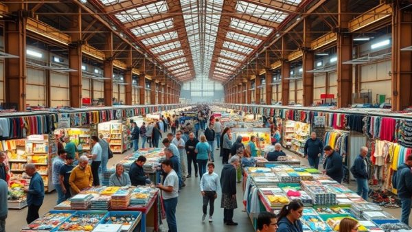 2026 White Elephant Sale - bustling indoor flea market, diverse stalls.