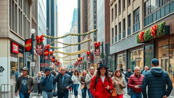 Urban street in South Bay with diverse pedestrians and holiday decor.