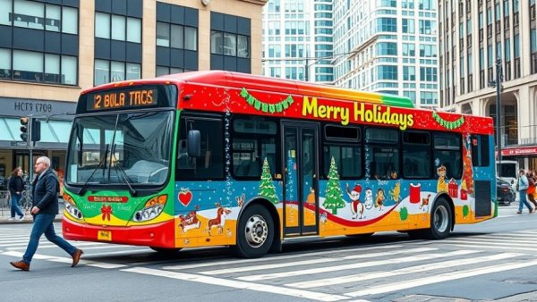 Colorful holiday-themed bus at city intersection, pedestrians crossing