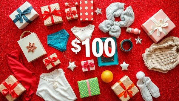 Festive flat lay of gifts under $100, including clothes, camera, on red background.