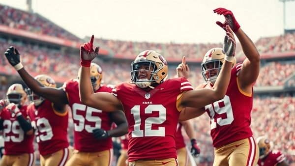 49ers players celebrating in a game against Titans, vibrant action.