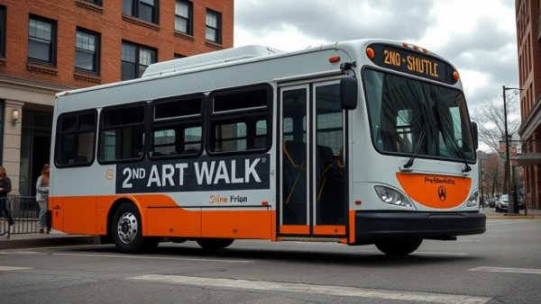 Shuttle promoting 2nd Friday Art Walk Oakland on urban street.