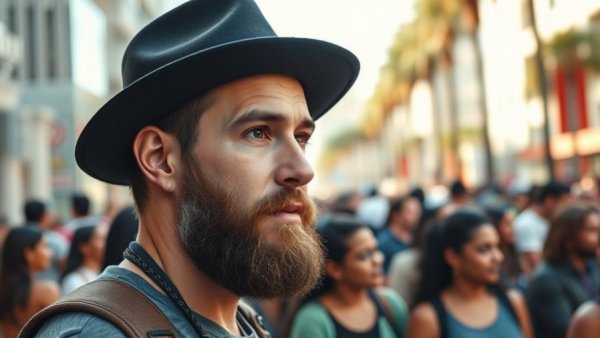 Bearded man in black hat at Hanukkah community event, outdoors.