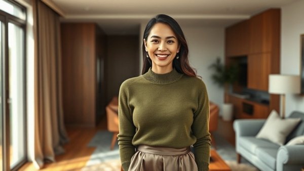 Elegant woman in olive green sweater and skirt, holiday outfit indoors