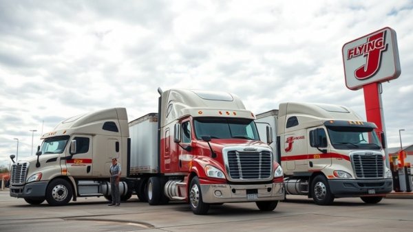 Trucks at a Flying J gas station related to California truck driver English proficiency lawsuit.