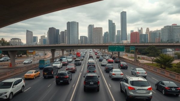 Heavy downtown highway traffic with city skyline backdrop.