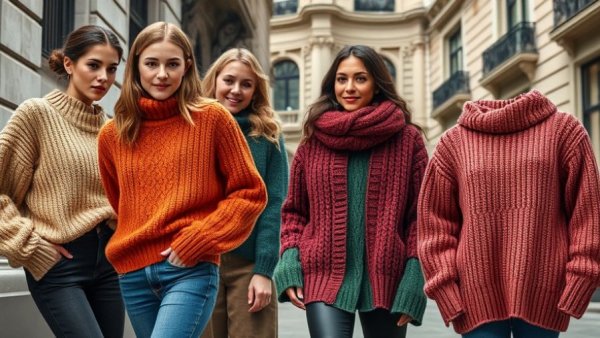 Vibrant party knits showcasing holiday fashion, colorful knitwear.