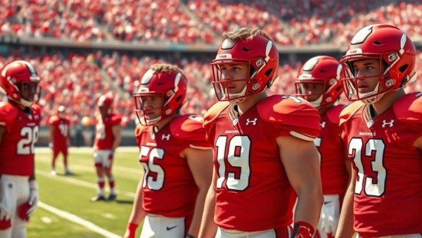 Football players on field with intense expressions, red uniforms.