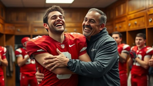 49ers player celebrating with coach in locker room after game highlights.