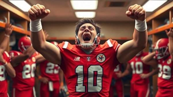 49ers players celebrate post-bye week win in locker room.