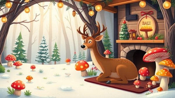 Winter Solstice Holiday Gathering San Francisco poster with mushrooms and deer.