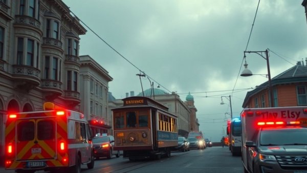 Nob Hill cable car incident with emergency vehicles present.