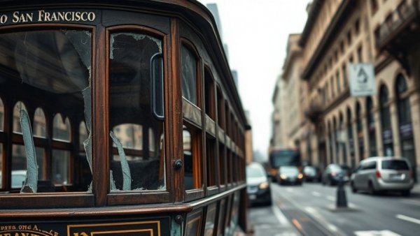 Damaged San Francisco cable car incident with cracked windows.
