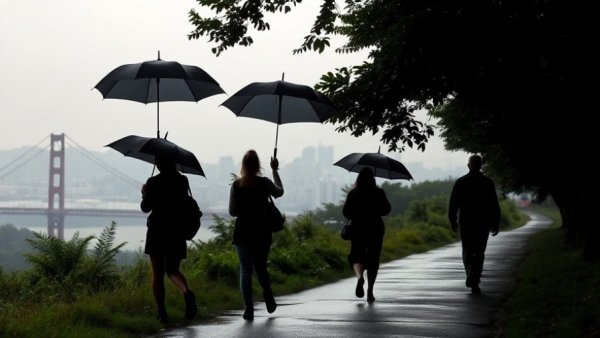 Rain in San Francisco Bay Area; people with umbrellas on rainy trail.