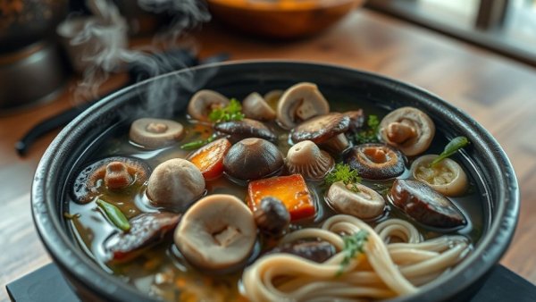 Steaming Japanese hot pot with vegetables and mushrooms, recipe inspiration.
