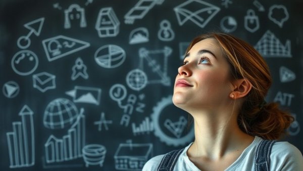 Thoughtful woman with project management plan concept on chalkboard