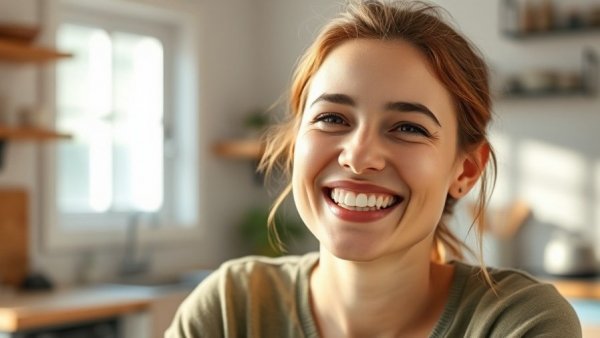 Smiling woman showcasing healthy teeth in a sunlit kitchen.