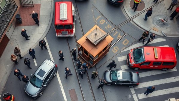 San Francisco cable car incident street scene with responders.