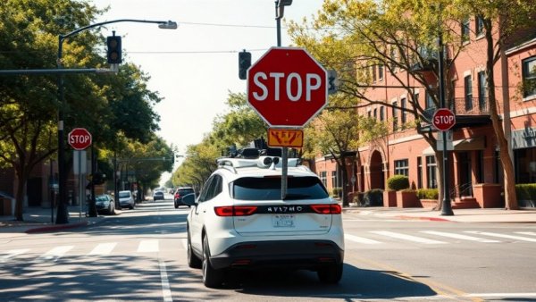 Waymo vehicle at a stop sign in suburban area.