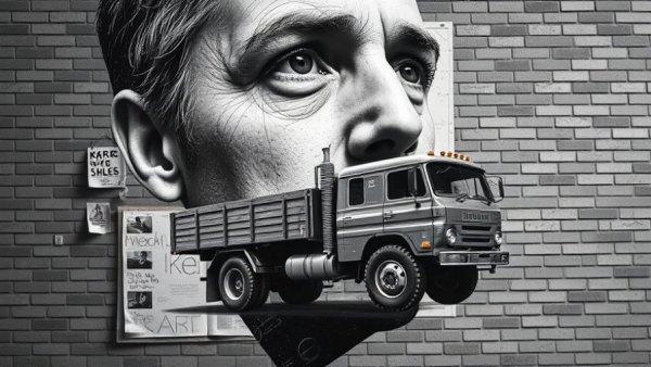 Kei truck with artistic brick background, surreal collage.