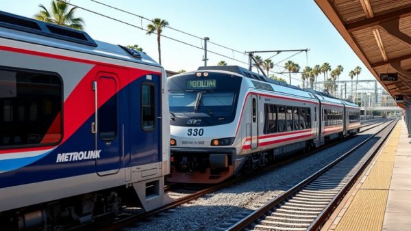 Metrolink Diesel Trains at station with palm trees and parking.
