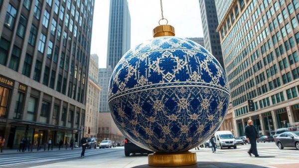 SF Ornament Trail 2025 large blue and white ball on city street.