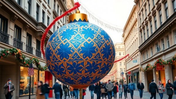 SF’s Festive Larger-Than-Life Ornament Trail 2025: Giant ornament in city street.