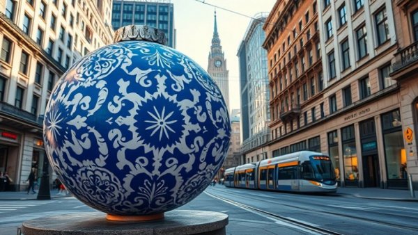 Decorative holiday ornament on SF Holiday Ornament Trail in city street