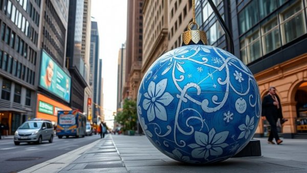 SF's Festive Larger-Than-Life Ornament Trail on bustling city street
