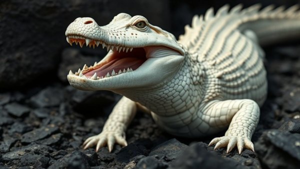 Striking albino alligator in rocky habitat with mouth open.