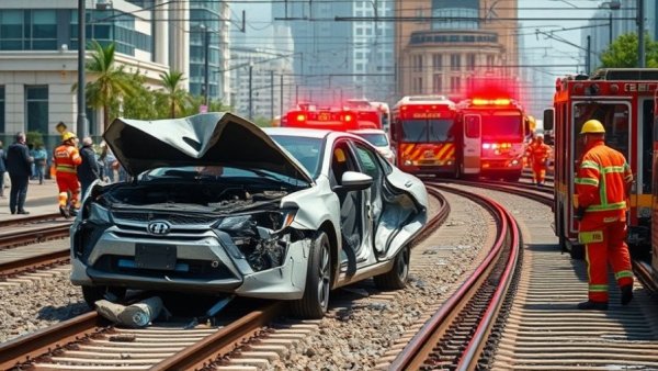 Emergency response to car on BART tracks, damaged vehicle scene.